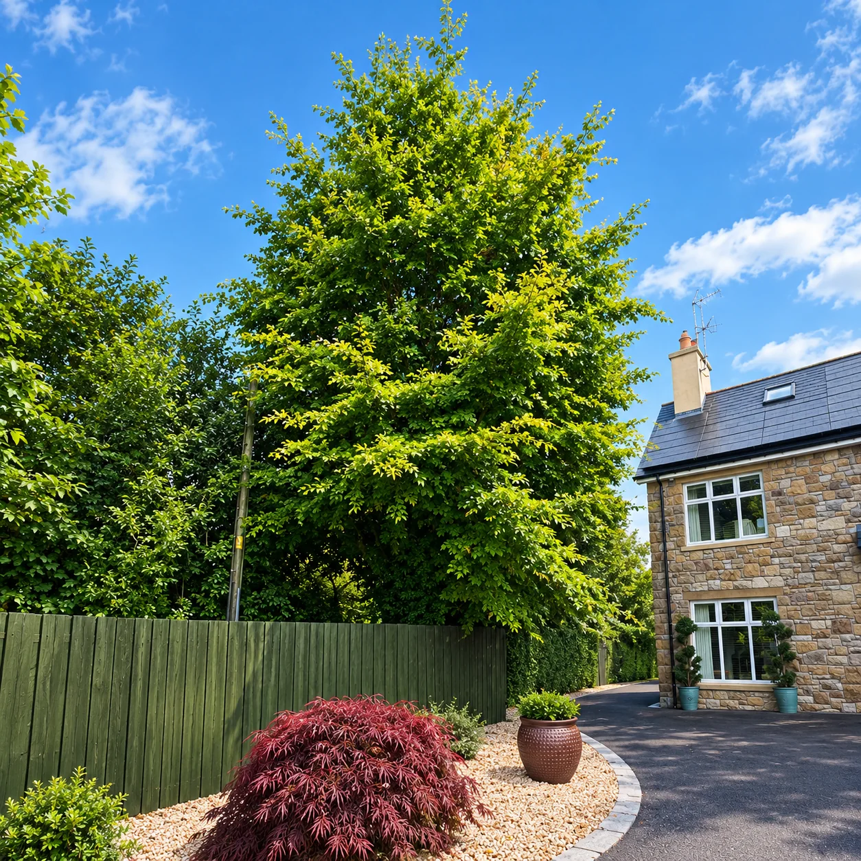 Tall tree beside a stone house before work
